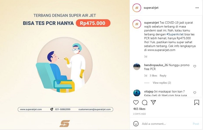 Super Air Jet buka layanan tes PCR seharga Rp 475.000
