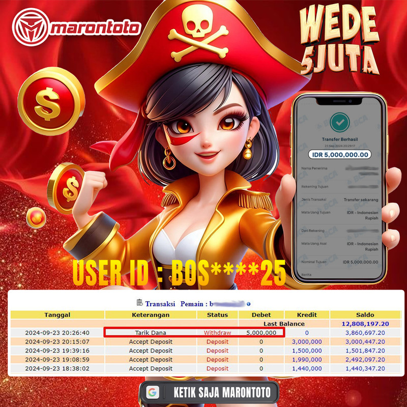 Bukti Kemenangan Member Marontoto Sebesar 5 JUTA