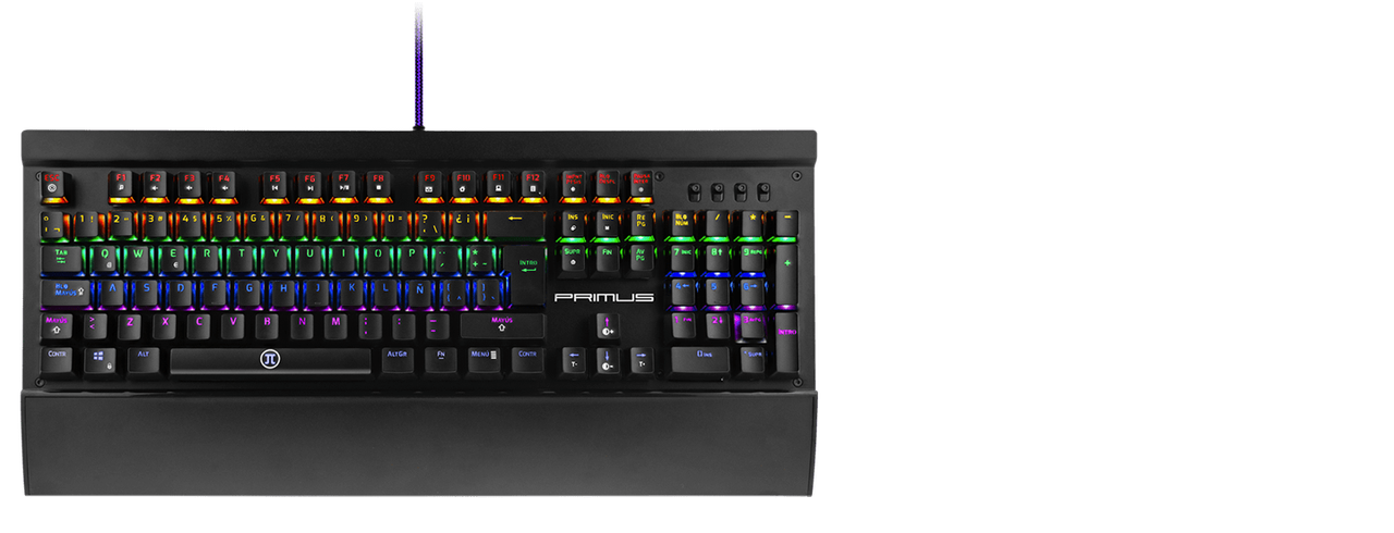 Teclado gaming Primus Ballista 200S con retroiluminación RGB de alta intensidad.