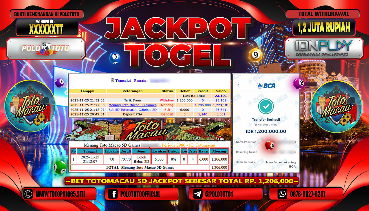 POLOTOTO JACKPOT TOGEL MENANG TOTO MACAU Rp.1.200.000,- LUNAS