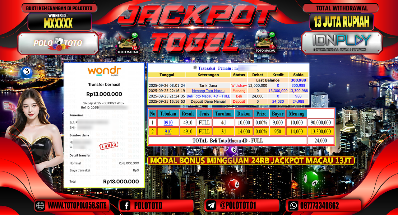 POLOTOTO JACKPOT TOGEL TOTO MACAU Rp.13.000.000,- LUNAS