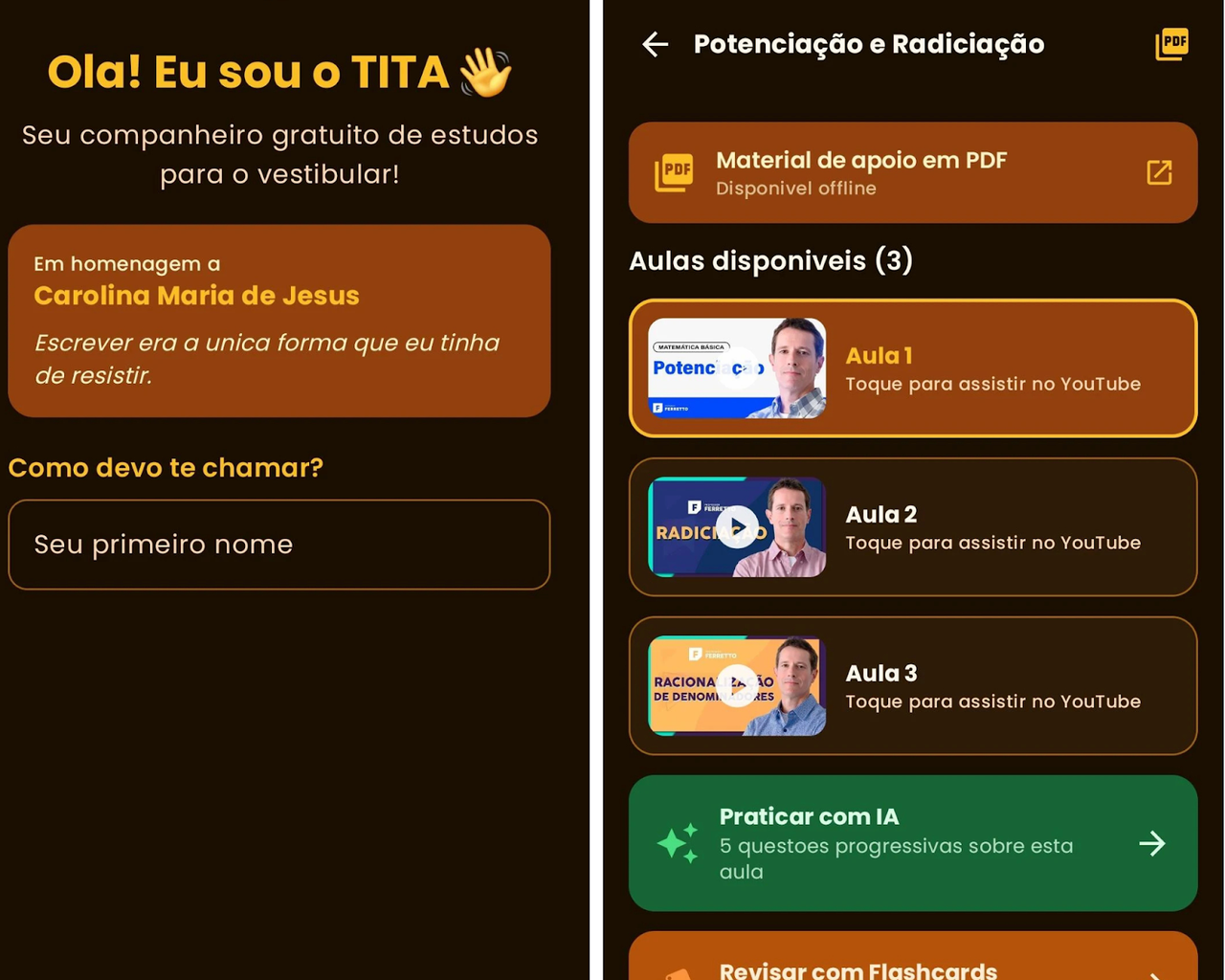 Interface do aplicativo Tita para vestibulandos