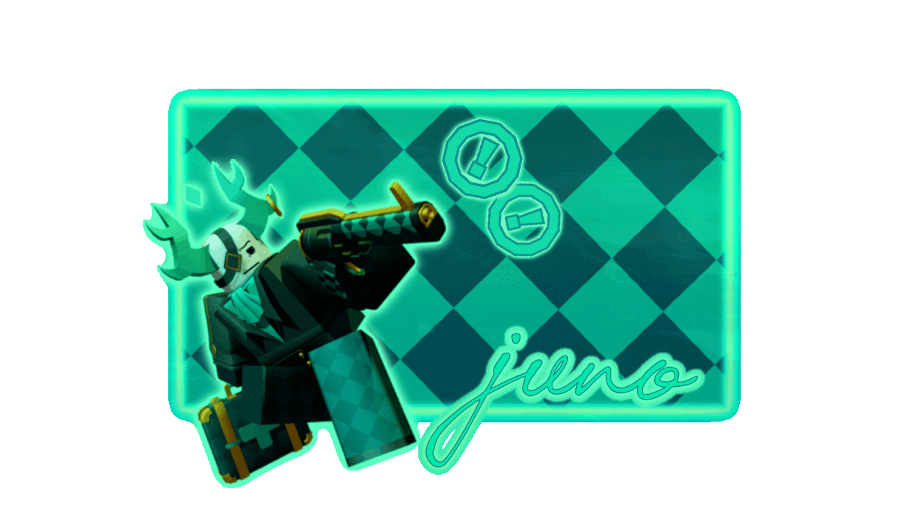 a rectangular gif with a teal checkered background. there is an image of medkit from phighting in front, with two of the ping icons from that game next to him. in the right corner is cursive text that reads "juno".