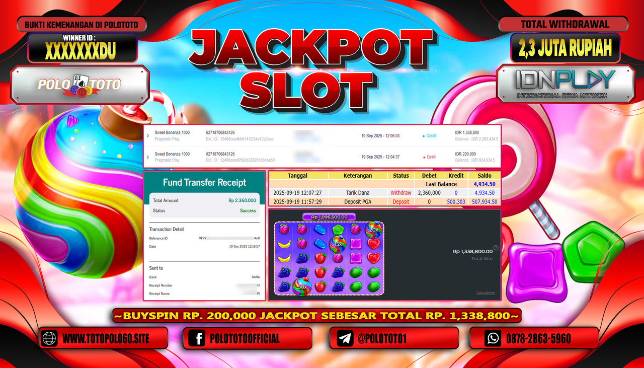 POLOTOTO JACKPOT SLOT SWEET BONANZA 1000 Rp.2.300.000,- LUNAS
