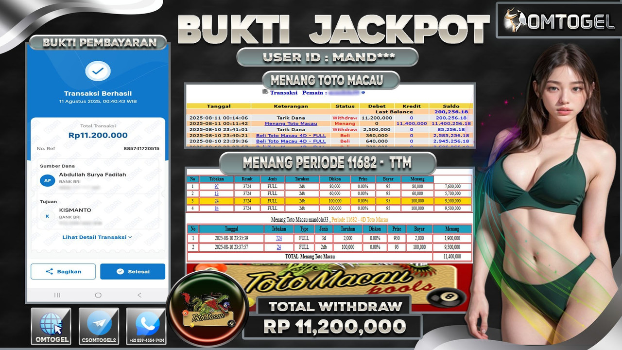 OMTOGEL JACKPOT TOTO MACAU 3D 2D 11 JUTA DI BAYAR LUNAS ,-
