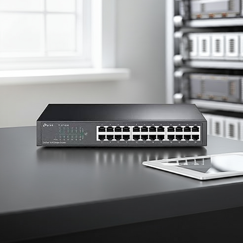Switch TP-Link TL-SF1024D com vista de cima, mostrando a ventilação e o design elegante.