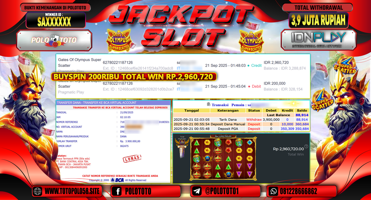 POLOTOTO JACKPOT SLOT GATES OF OLYMPUS SUPER SCATTER Rp.3.900.000,-