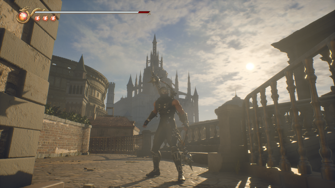 Ryu Hayabusa standing outside of a fortress in Ninja Gaiden Black 2.