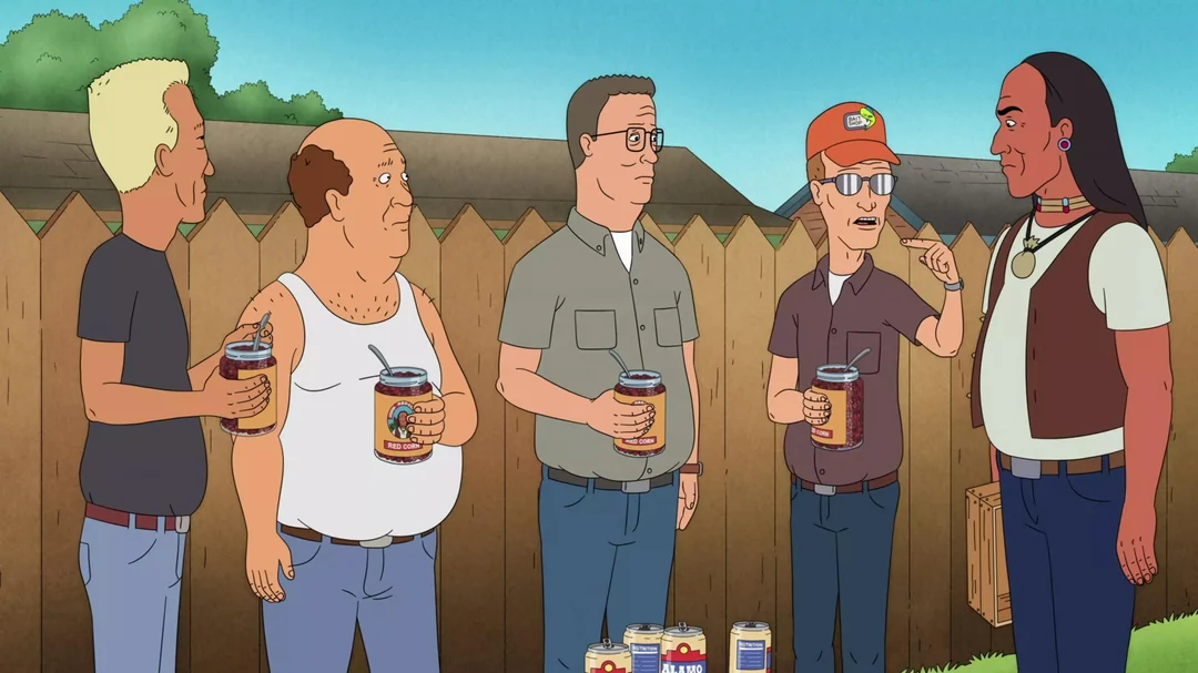 Boomhauer, Bill, Hank, Dale, and John Redcorn standing together in the alley.