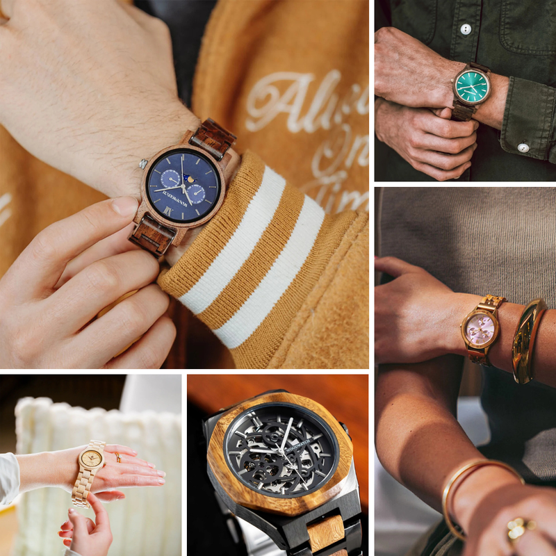 Collage einzigartiger Just-Because-Geschenke für Freunde von WoodWatch, darunter gravierte Holzuhren, nachhaltige Accessoires, personalisierte Designs und stilvolle Alltagsoptionen zur Feier der Freundschaft