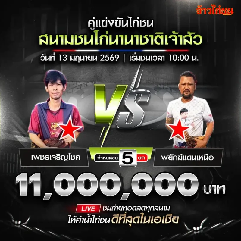 เพชรเจริญโชค vs พยัคฆ์แดนเหนือ สนามชนไก่นานาชาติเจ้าสัว วันเสาร์ที่ 13 มิถุนายน 2026