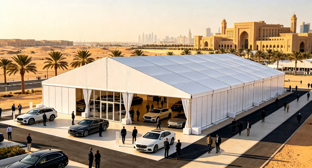 Large-span interior of commercial event tent displaying multiple vehicles
