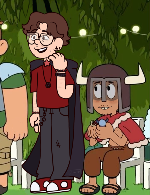 A screenshot edit of David from Craig of The Creek and the Webmaster's self-insert. Charlie stands, fidgeting with the hood of his cloak, and David sits, looking up at him smiling.