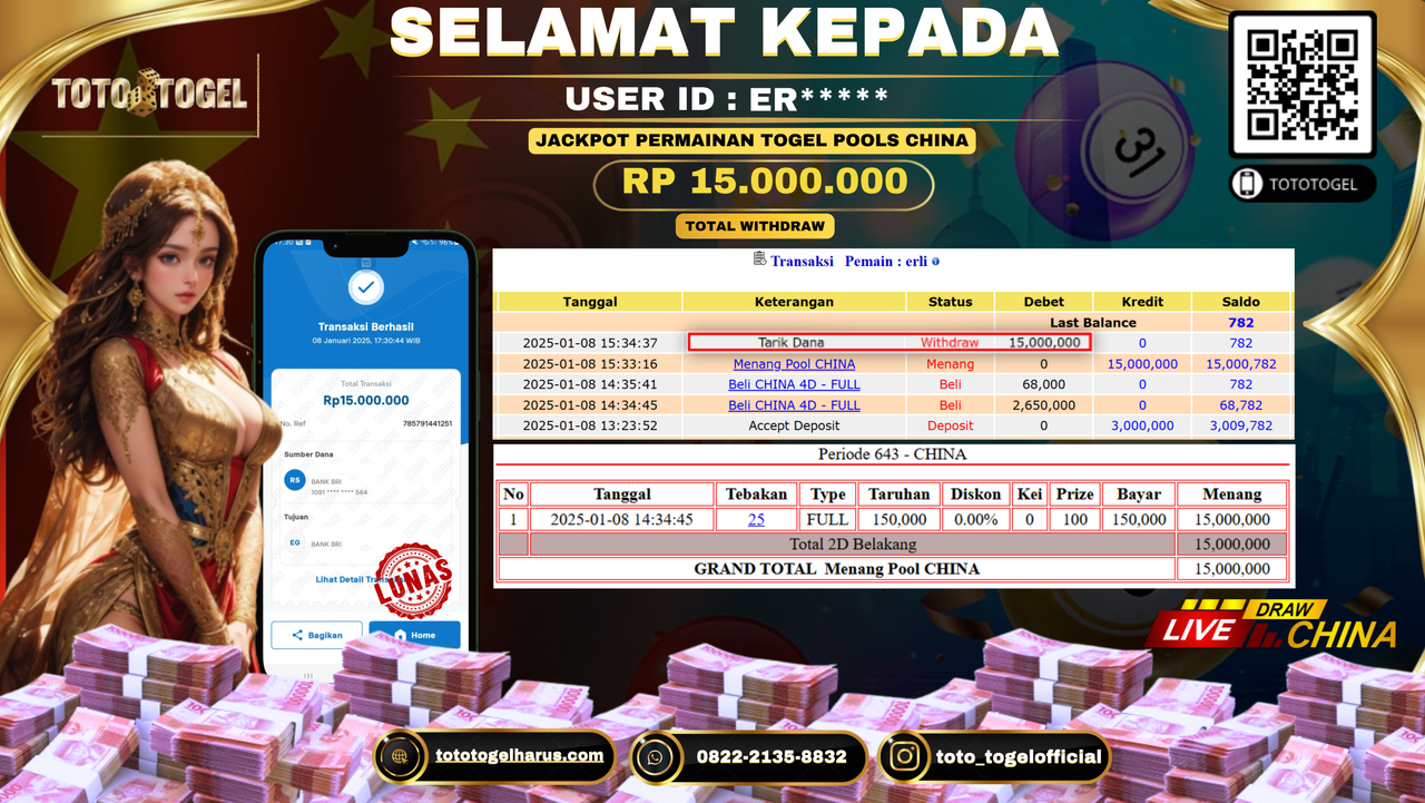 Bukti Pembayaran Jackpot  Permainan Togel Pools China : ER***** LUNAS