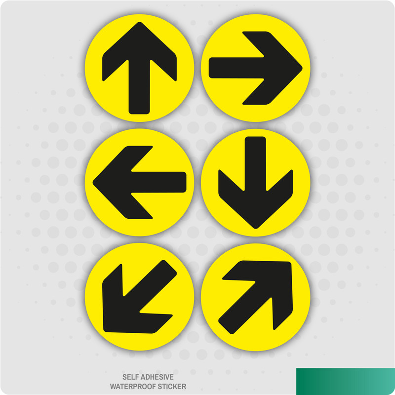 6 x Direction Arrows Yellow / Black SelfAdhesive Stickers Social