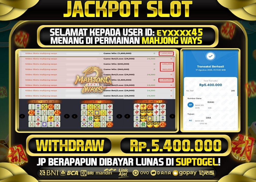  BUKTI KEMENANGAN 16 AGUSTUS 2025 MENANG DI PERMAINAN MAHJONG WAYS TOTAL WD 5,4 JUTA