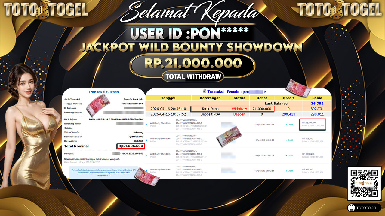 Bukti Pembayaran Jackpot Permainan Slot Wild Bounty Showdown ID:PON*****LUNAS