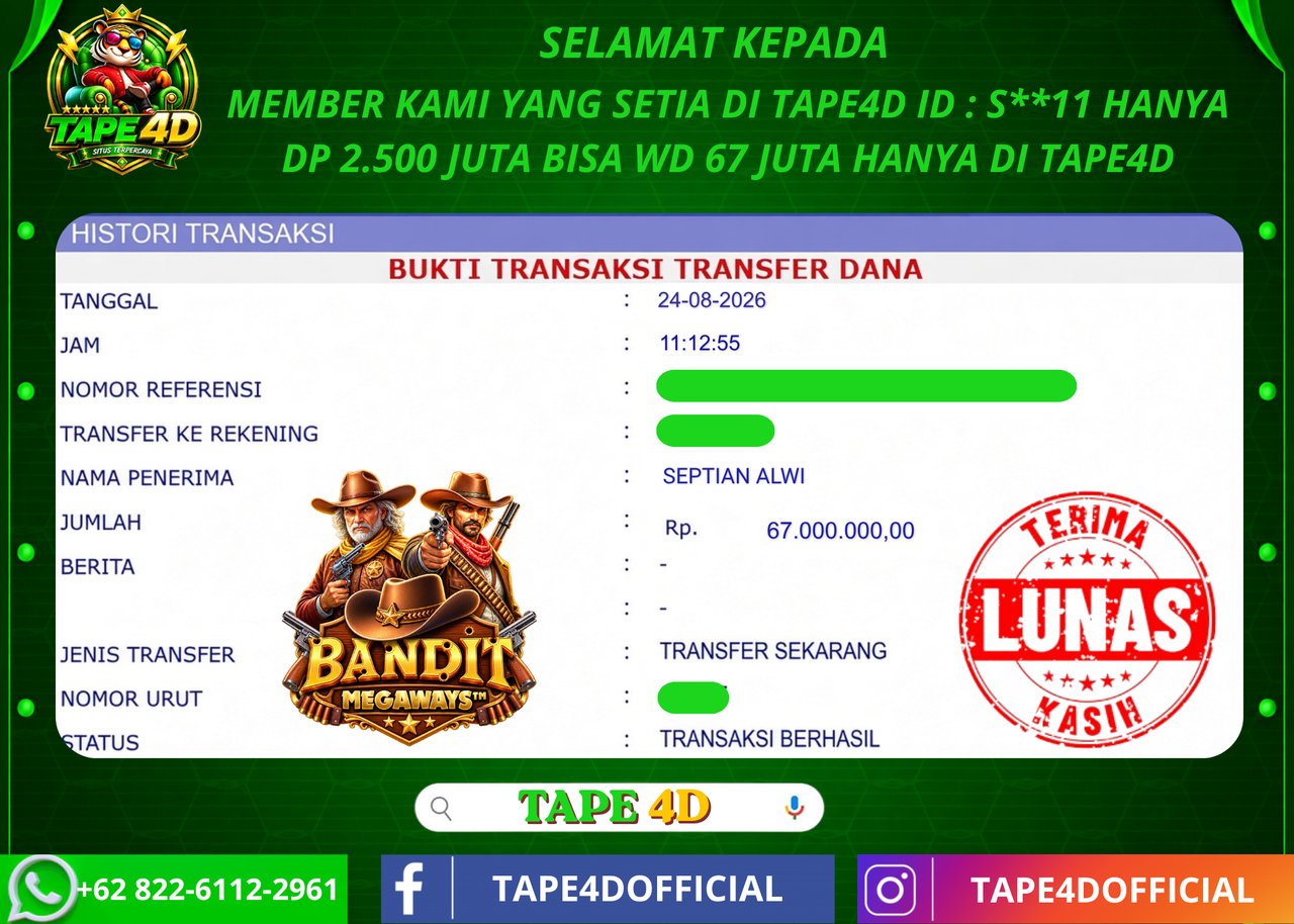 TAPE4D BANDIT MEGAWAYS PRAGMATIC PLAY 67.000.000-LUNAS