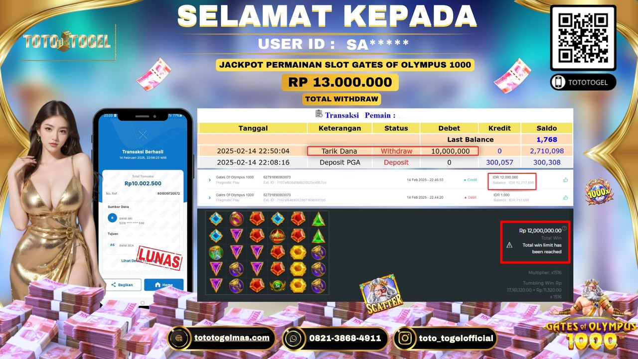 Bukti Pembayaran Jackpot  Permainan Slot Gates Of Olympus 1000  ID: SA**** LUNAS