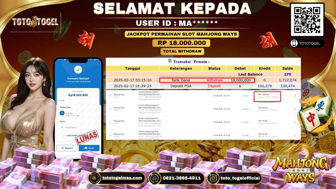 Bukti Pembayaran Jackpot  Permainan Slot Mahjong Ways  IDMA***** LUNAS