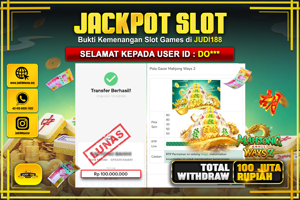 JUDI188 JACKPOT SLOT MAHJONG WAYS 2 Rp.100.000.000,- SUDAH DIBAYARKAN!