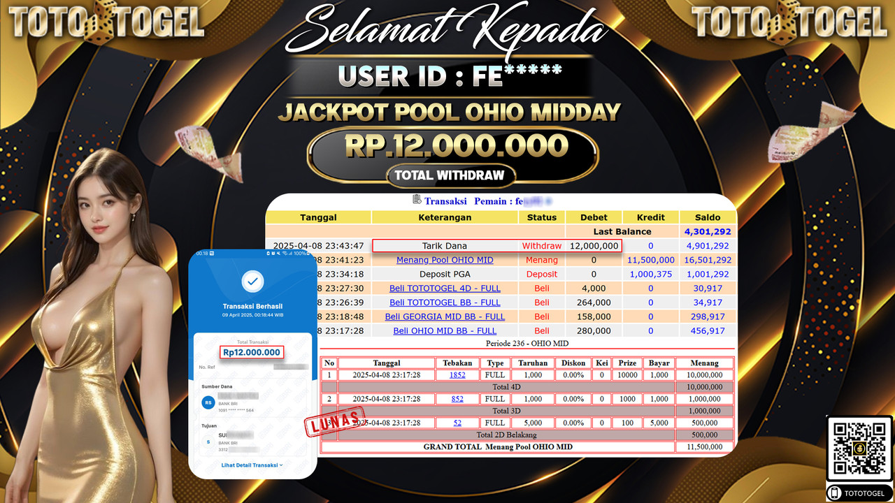 Bukti Pembayaran Jackpot  Permainan Togel Pool Ohio Midday ID:FE**** LUNAS