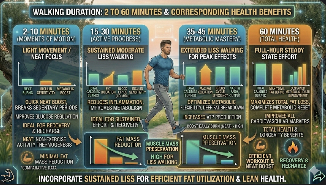 Infographic showing walking duration from 2 to 60 minutes and corresponding health benefits for fat loss and metabolism