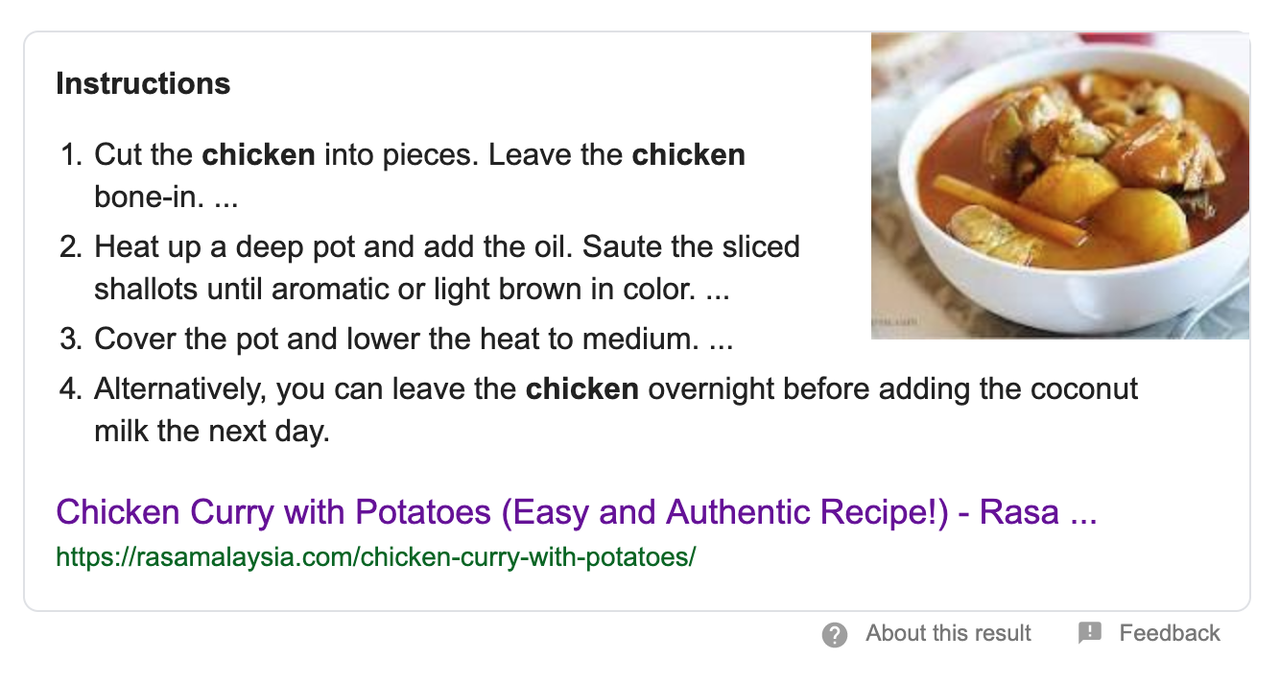 Google SEO: Structured data card for search recipe result