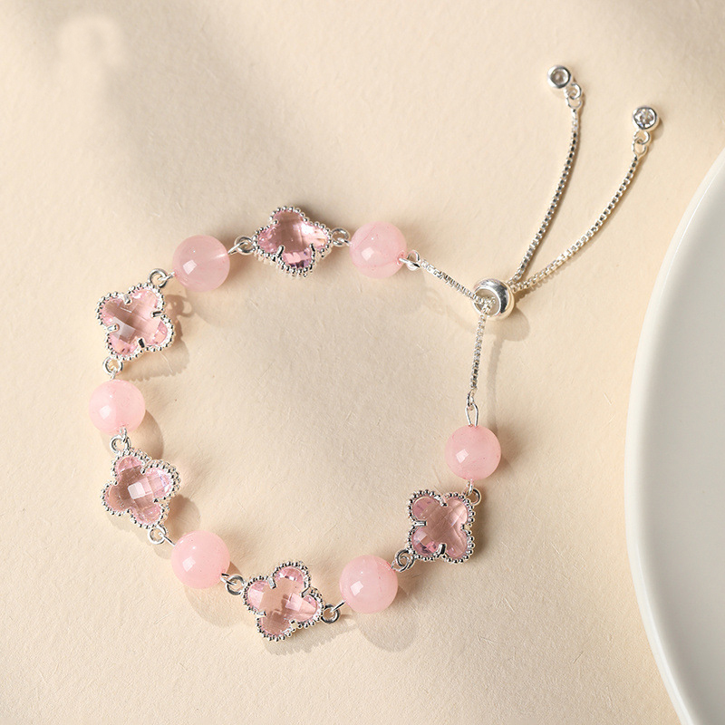 Natural Pink Crystal Four-Leaf Clover Bracelet - Elegant Adjustable Silver-Tone Bolo Jewelry for Women - Versatile Quartz Bead Charm Bracelet, Perfect Mother's Day Gift