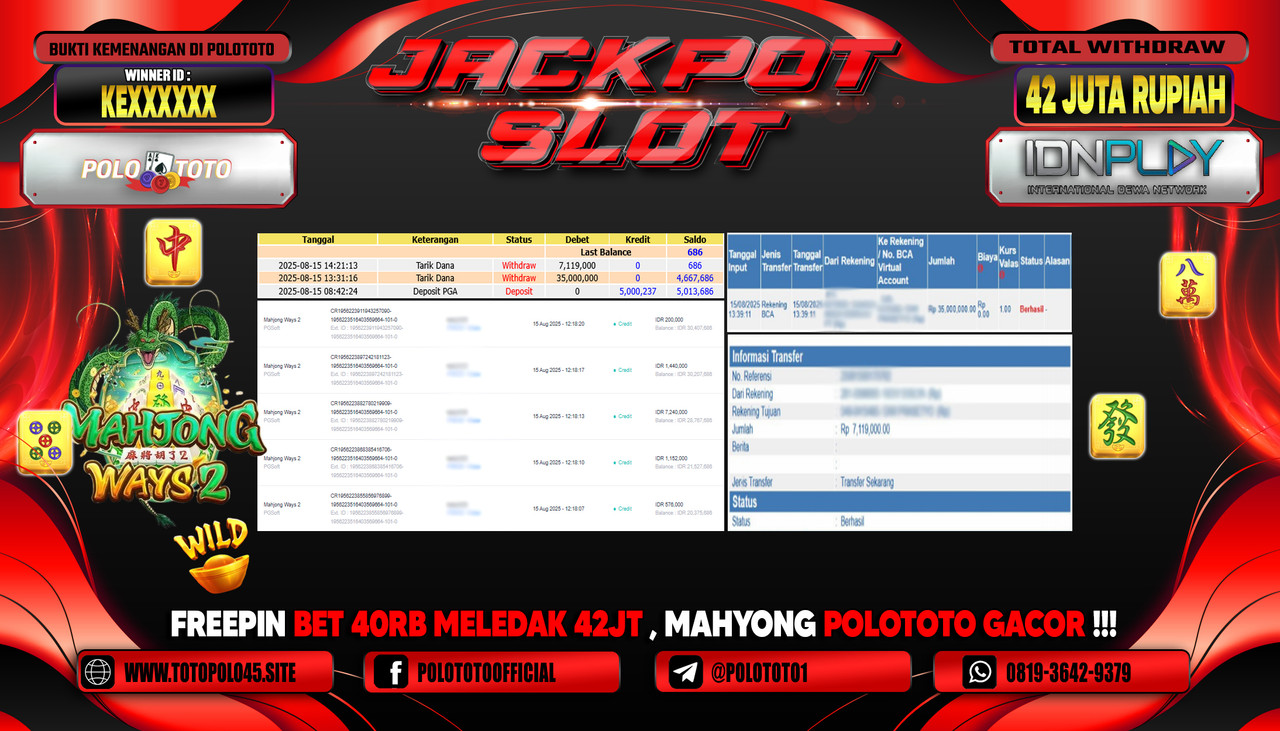 POLOTOTO JACKPOT SLOT MAHJONG WAYS 2 Rp.42.000.000,-LUNAS