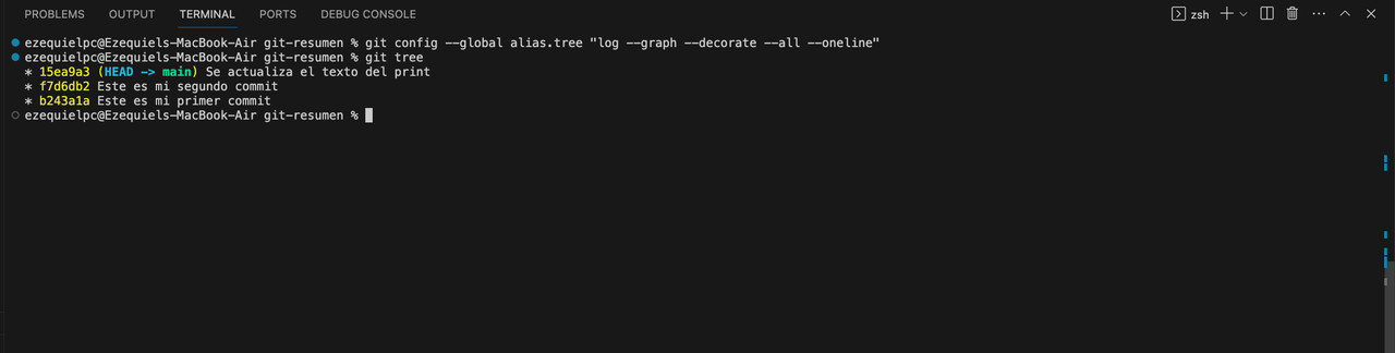 Ejecución git tree Git status y Git log