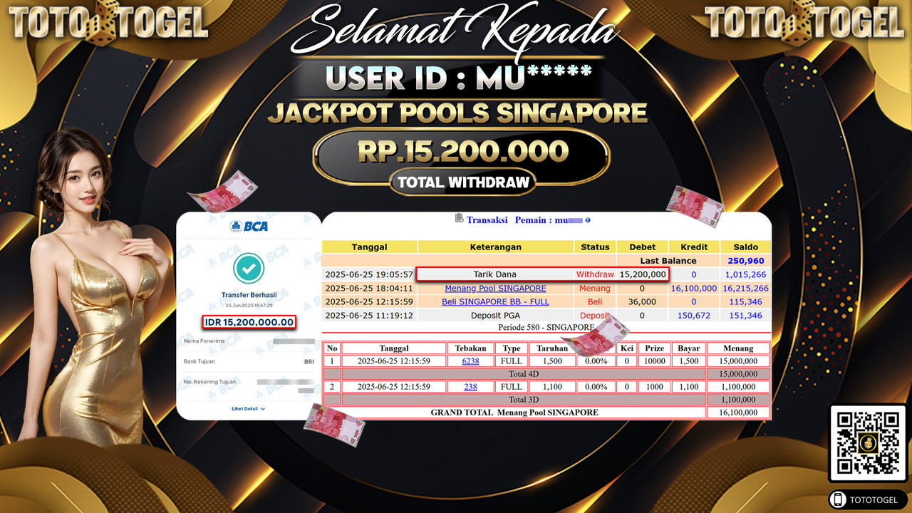 Bukti Pembayaran Jackpot Permainan Togel Pools Singapore ID:MU***** LUNAS