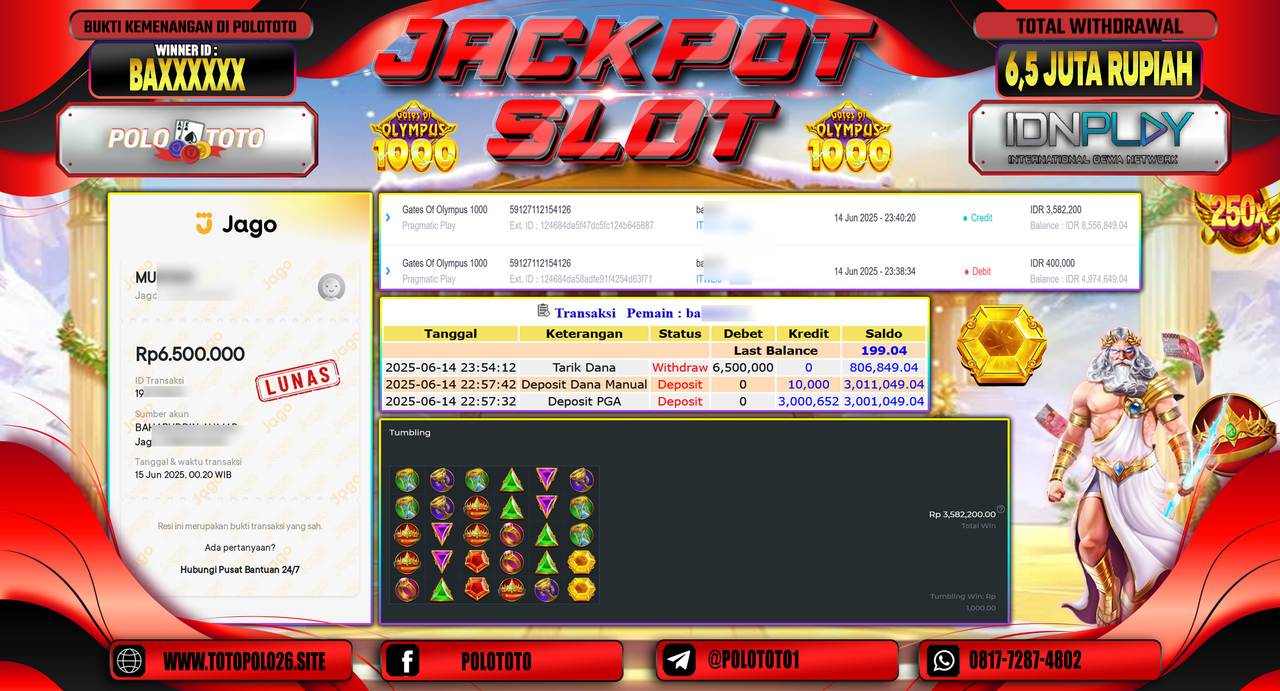POLOTOTO JACKPOT SLOT GATES OF OLYMPUS 1000 Rp.6.500.000,-