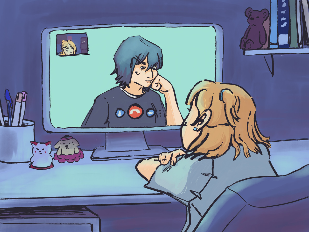 Haikyuu!! fanart of the ship Amanai Kanoka and Yachi Hitoka. Yachi is sitting at her desk in a darkened room, on a video call with Kanoka. The computer in front of her is lit up and you can see a smiling Kanoka on the screen.