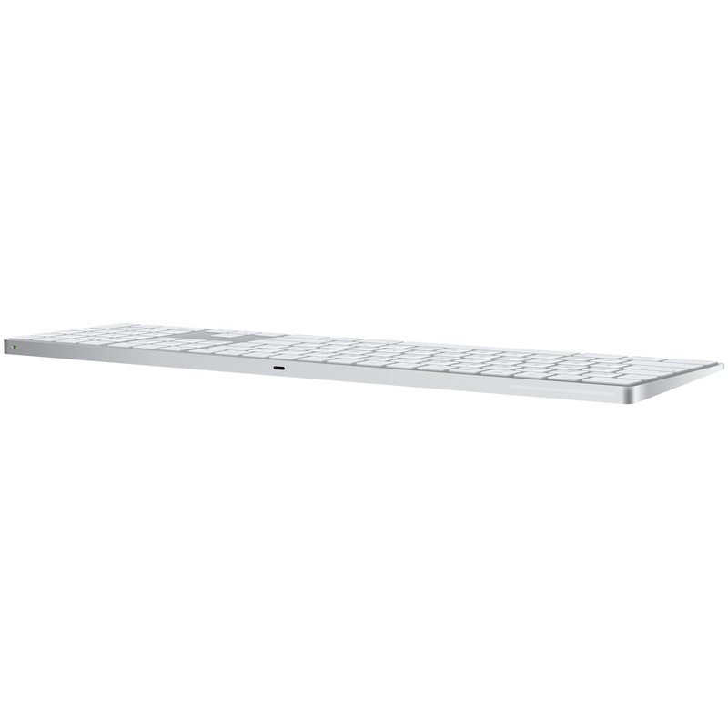 Vista de perfil del Magic Keyboard, destacando su delgadez y la inclinación ergonómica.