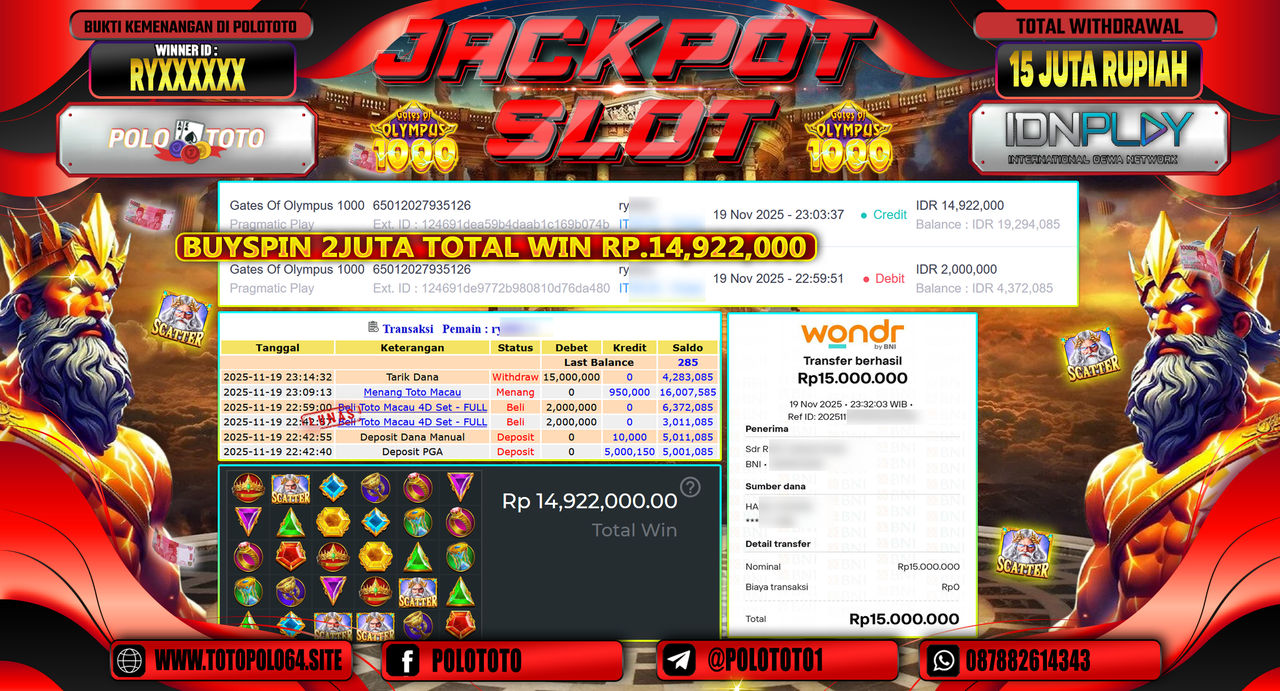POLOTOTO JACKPOT SLOT GATES OF OLYMPUS 1000 Rp.15.000.000,- LUNAS