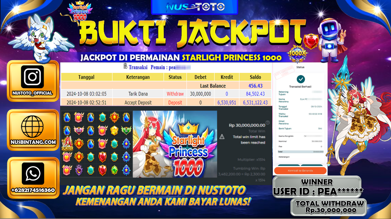 JACKPOT !! MENANG BESAR DI SLOT STARLIGHT PRINCESS  1000 Rp. 30.000.000 LANGSUNG DI BAYAR LUNAS NUSTOTO !!