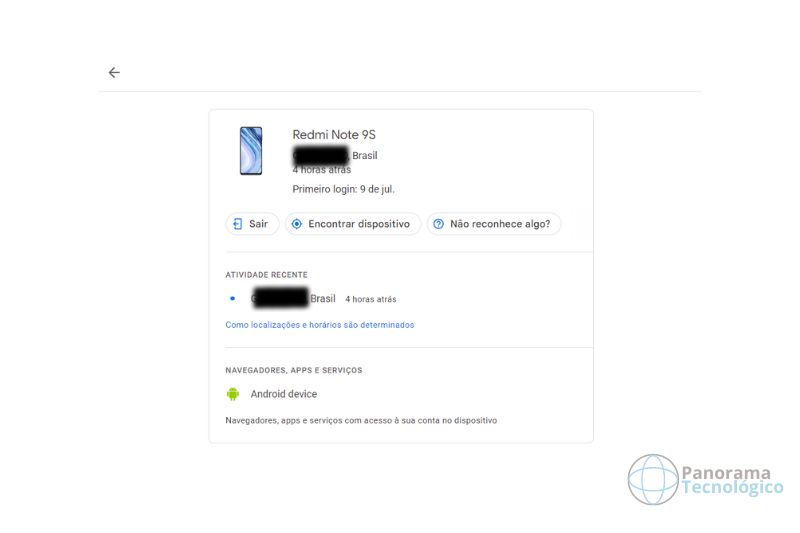 Funcionalidade do serviço do Google para rastrear smartphones, mostrando os dados do dispositivo escolhido