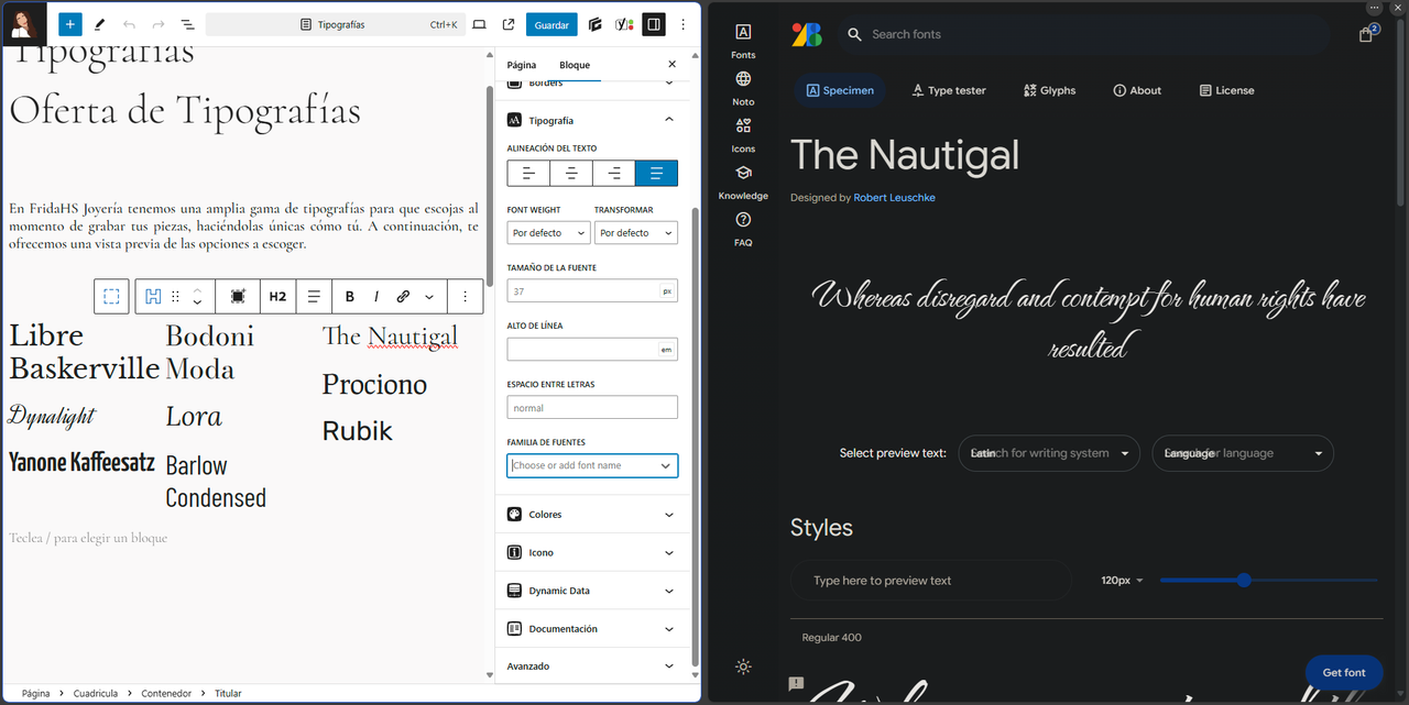 Screenshot of the Gutenberg block editor and the Google Fonts library showing the availability of an unlisted font.