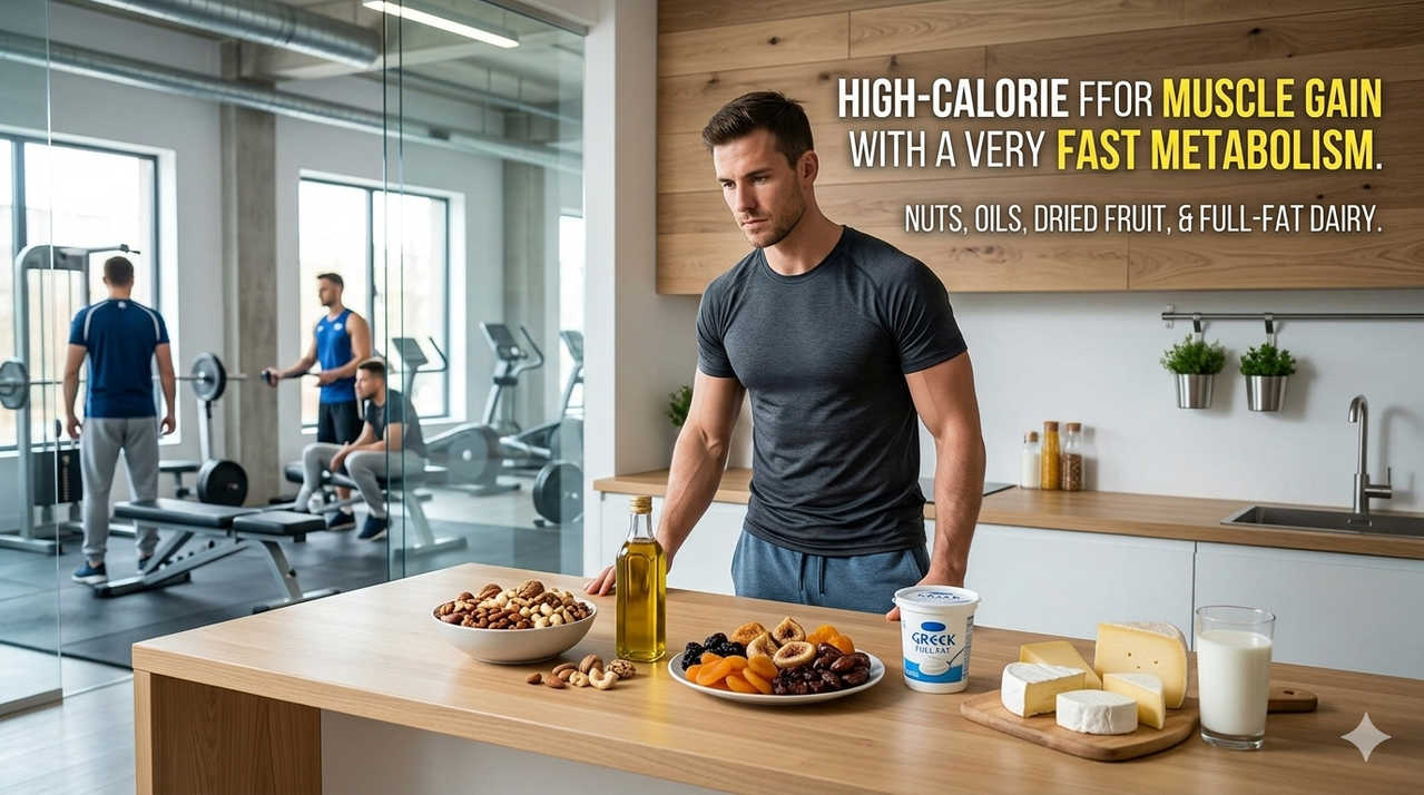High-calorie whole foods like nuts, olive oil, avocado, and dried fruit arranged on table for how to gain muscle if you have a very fast metabolism