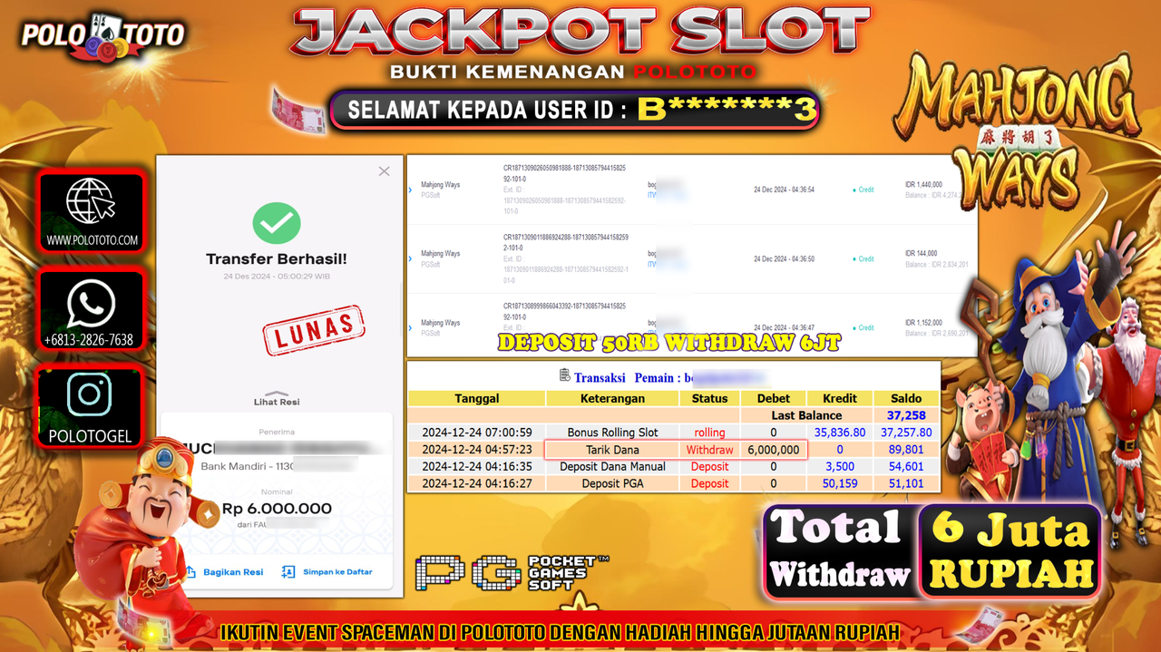 POLOTOTO JACKPOT SLOT MAHJONG WAYS Rp.6,000.000,-