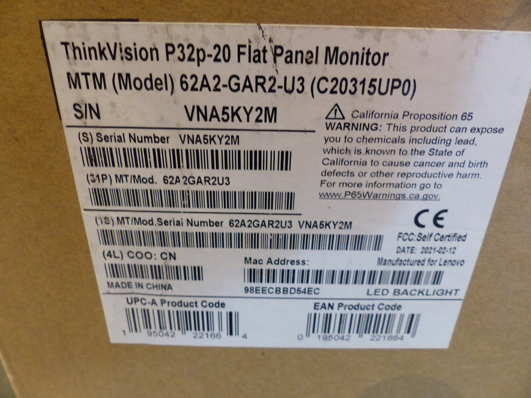 LENOVO P32P-20 THINKVISION 4K 31.5" 3840 X 2160 LED FLAT PANEL MONITOR