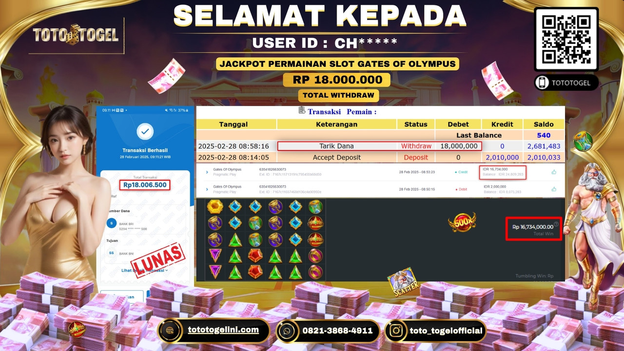 Bukti Pembayaran Jackpot  Permainan Slot Gates Of Olympus  ID:CH***** LUNAS