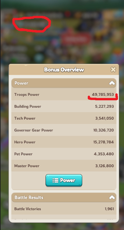 Kingshot profile screenshot showing where the troop power value can be found
