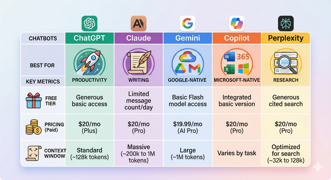 Side-by-side comparison of best AI chatbots in 2026: ChatGPT, Claude, Gemini, Copilot, and Perplexity showing pricing, free tier, and context window