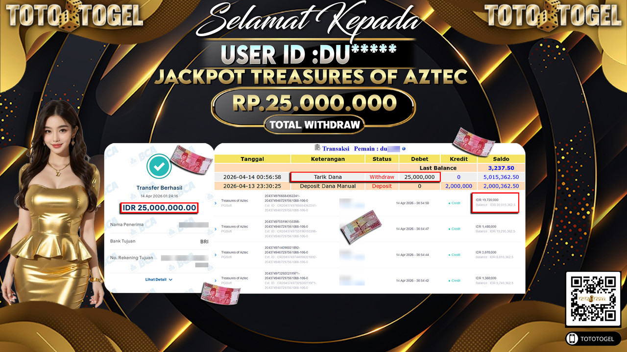 Bukti Pembayaran Jackpot Permainan Slot Treasures Of Aztec ID:DU*****LUNAS