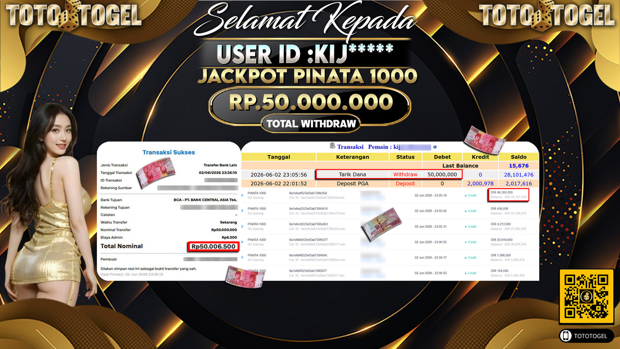 Bukti Pembayaran Jackpot Permainan Slot Pinata 1000 ID:KIJ*****LUNAS