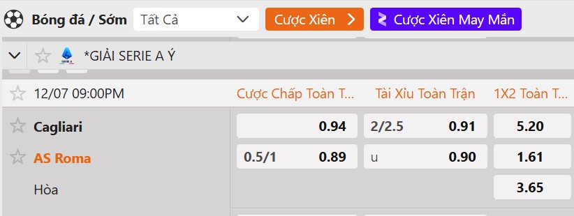 Tỷ lệ kèo Cagliari vs AS Roma
