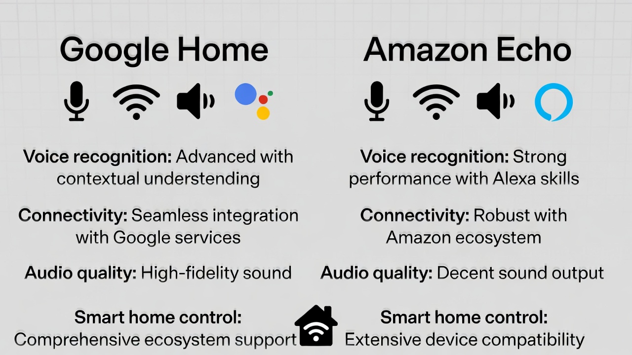Comparison chart showing Google Home and Amazon Echo features side by side across categories in 2026