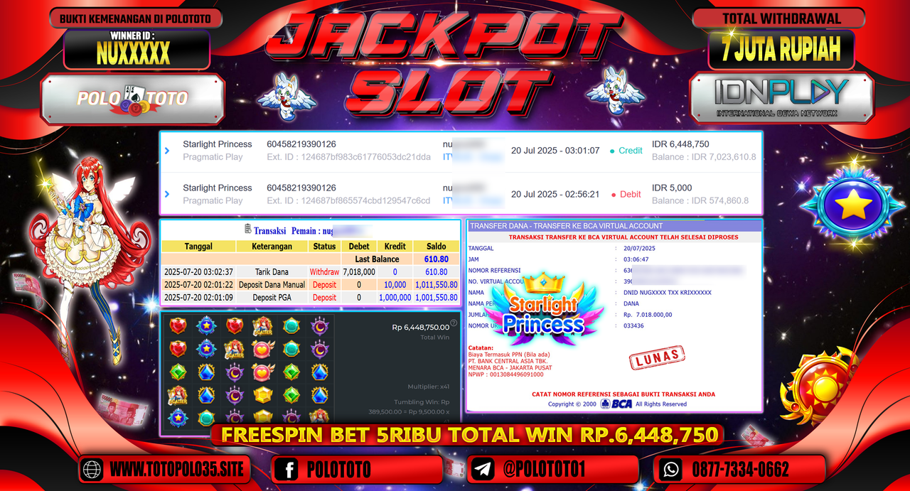 POLOTOTO JACKPOT SLOT STARLIGHT PRINCESS Rp.7.000.000,- LUNAS